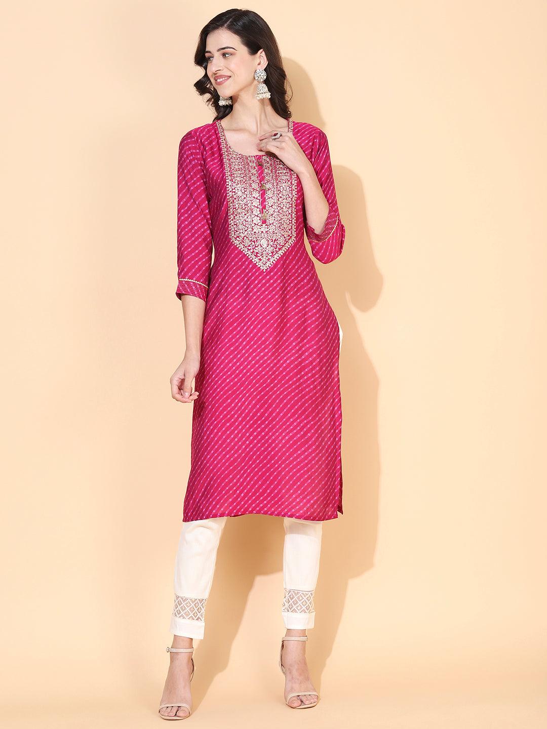 Lehriya Printed & Hand Embroidered Kurta - Magenta - Indiakreations