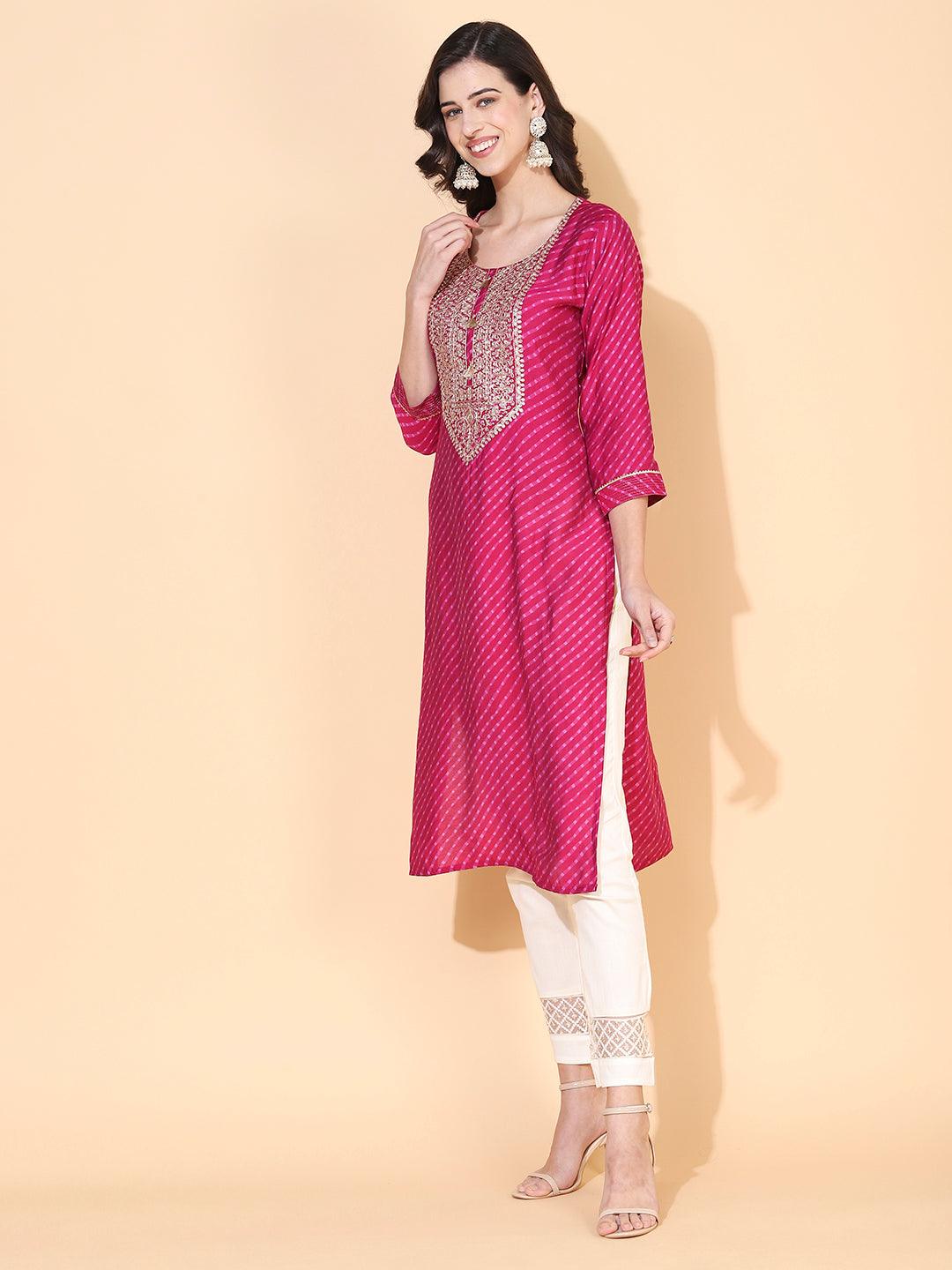 Lehriya Printed & Hand Embroidered Kurta - Magenta - Indiakreations