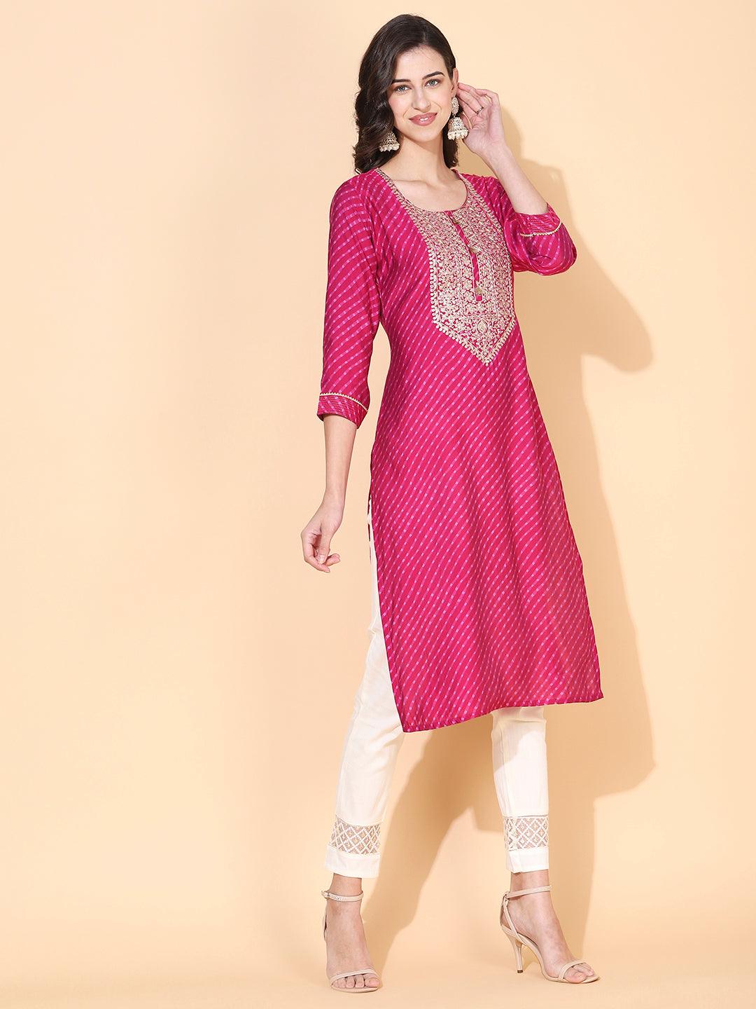 Lehriya Printed & Hand Embroidered Kurta - Magenta - Indiakreations