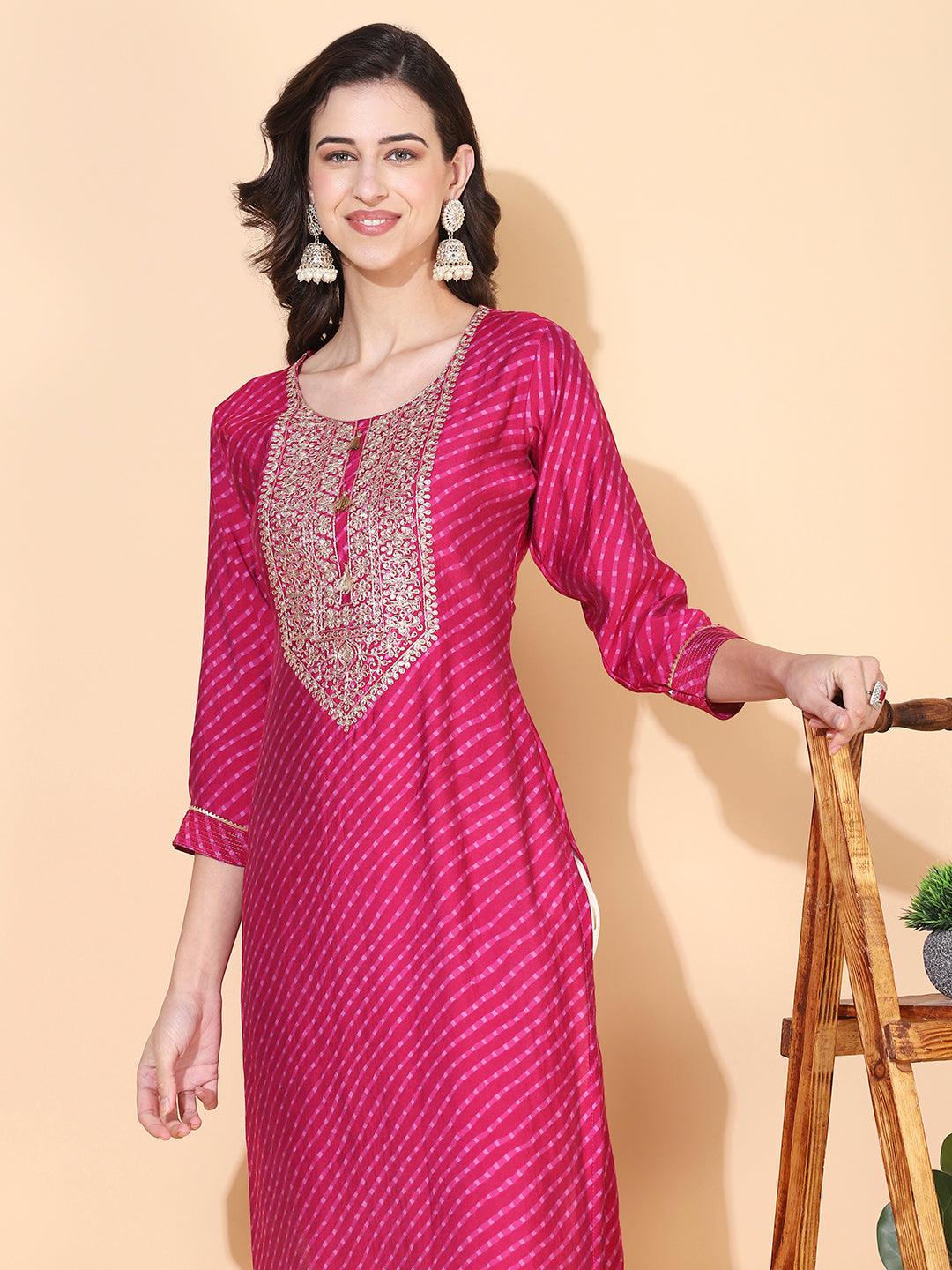 Lehriya Printed & Hand Embroidered Kurta - Magenta - Indiakreations