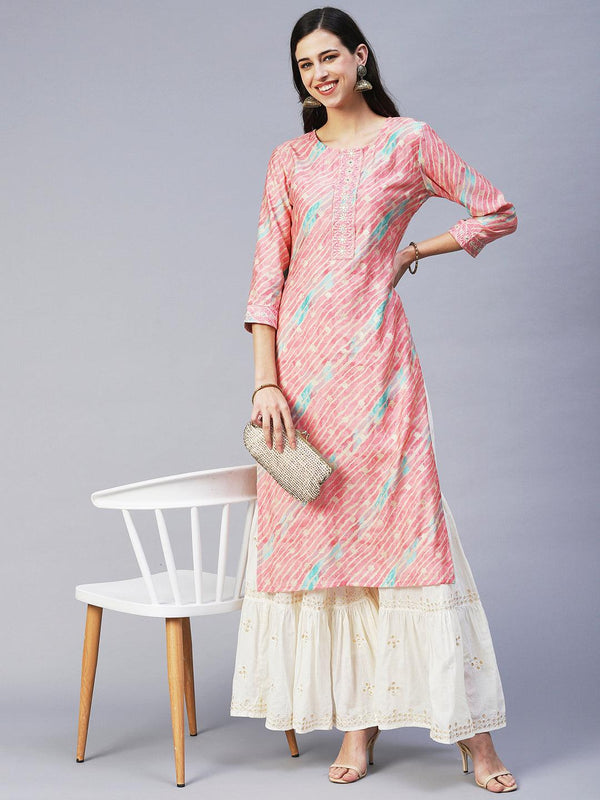 Leheriya Printed & Embroidered Straight Fit Kurta - Pink - Indiakreations