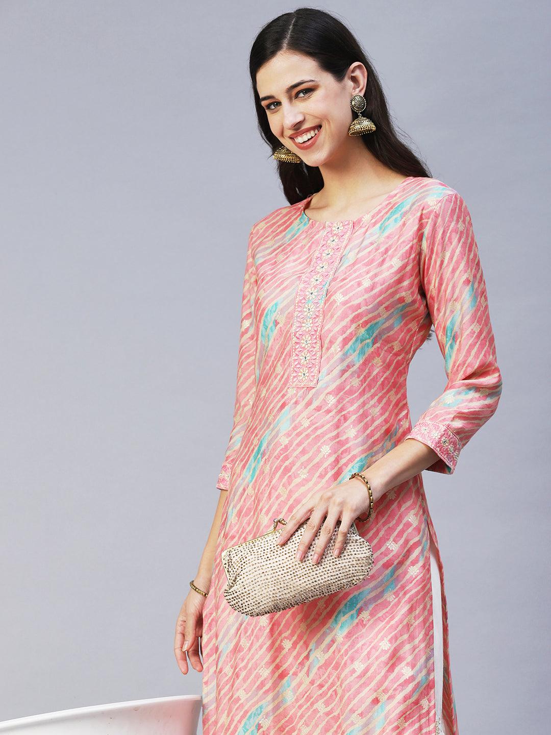 Leheriya Printed & Embroidered Straight Fit Kurta - Pink - Indiakreations