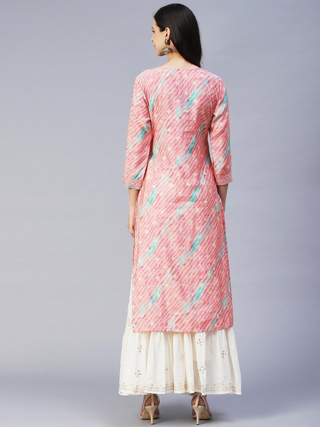 Leheriya Printed & Embroidered Straight Fit Kurta - Pink - Indiakreations