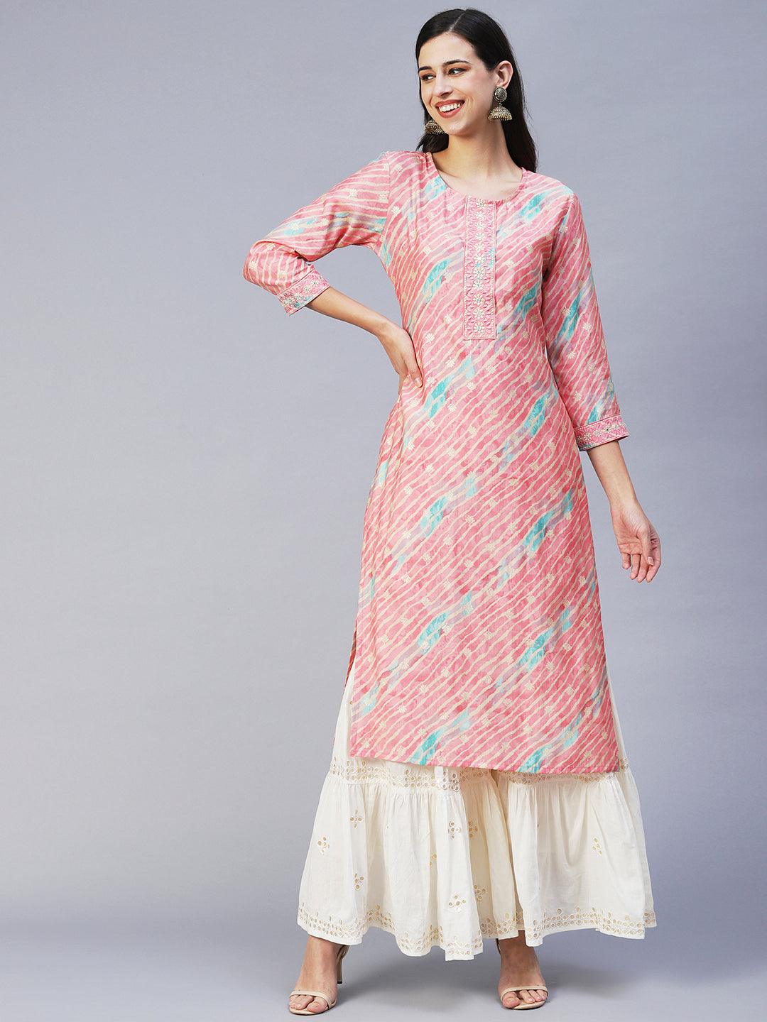 Leheriya Printed & Embroidered Straight Fit Kurta - Pink - Indiakreations