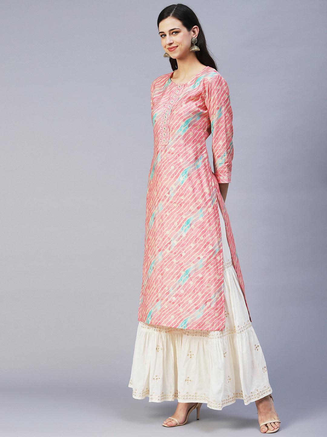 Leheriya Printed & Embroidered Straight Fit Kurta - Pink - Indiakreations