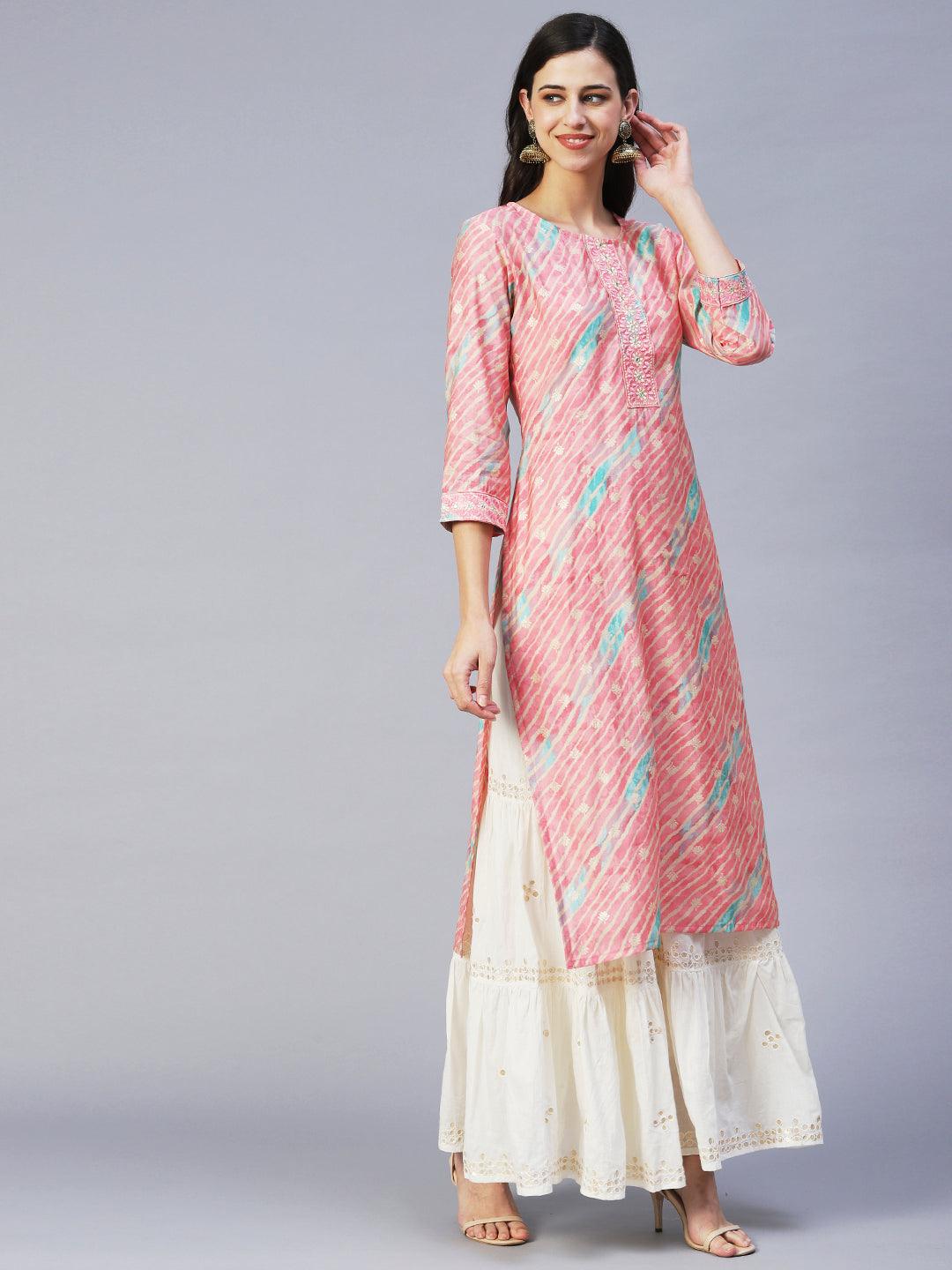 Leheriya Printed & Embroidered Straight Fit Kurta - Pink - Indiakreations