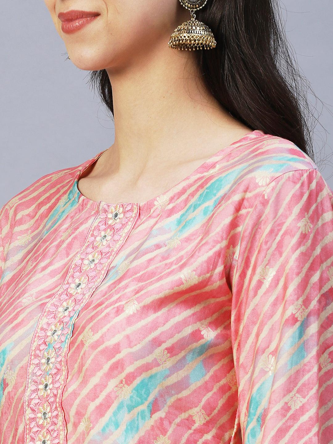 Leheriya Printed & Embroidered Straight Fit Kurta - Pink - Indiakreations