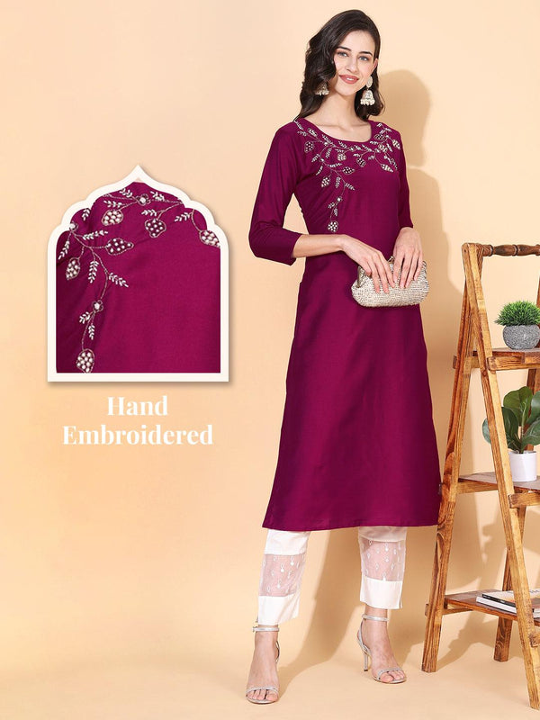 Floral Hand Embroidered Straight Fit Kurta – Magenta - Indiakreations