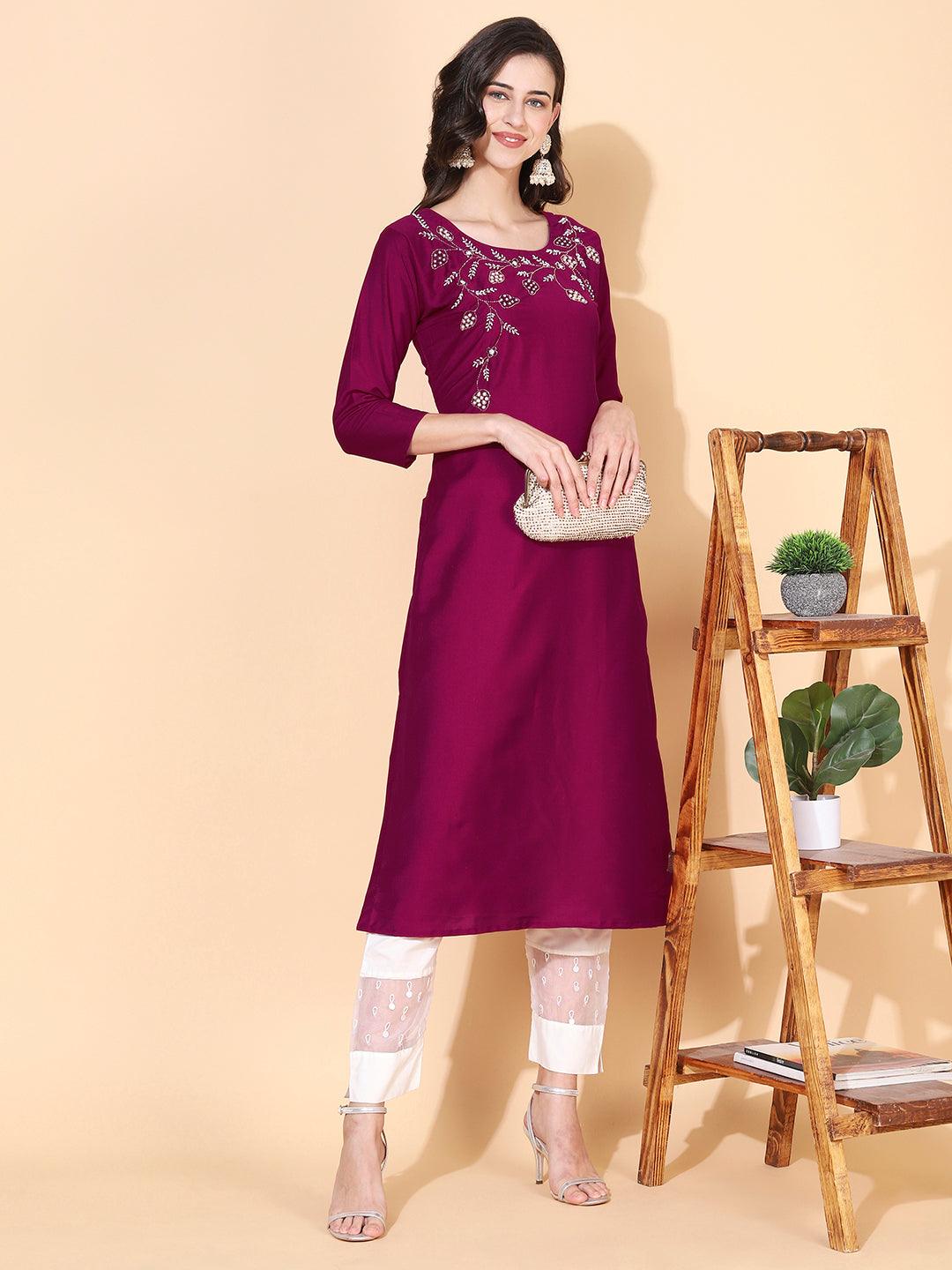 Floral Hand Embroidered Straight Fit Kurta – Magenta - Indiakreations