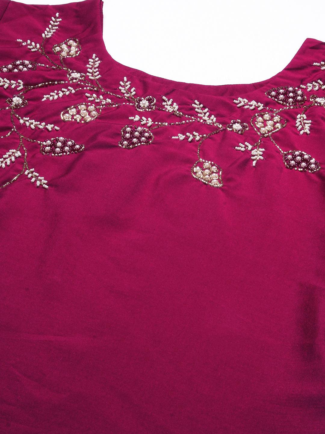 Floral Hand Embroidered Straight Fit Kurta – Magenta - Indiakreations