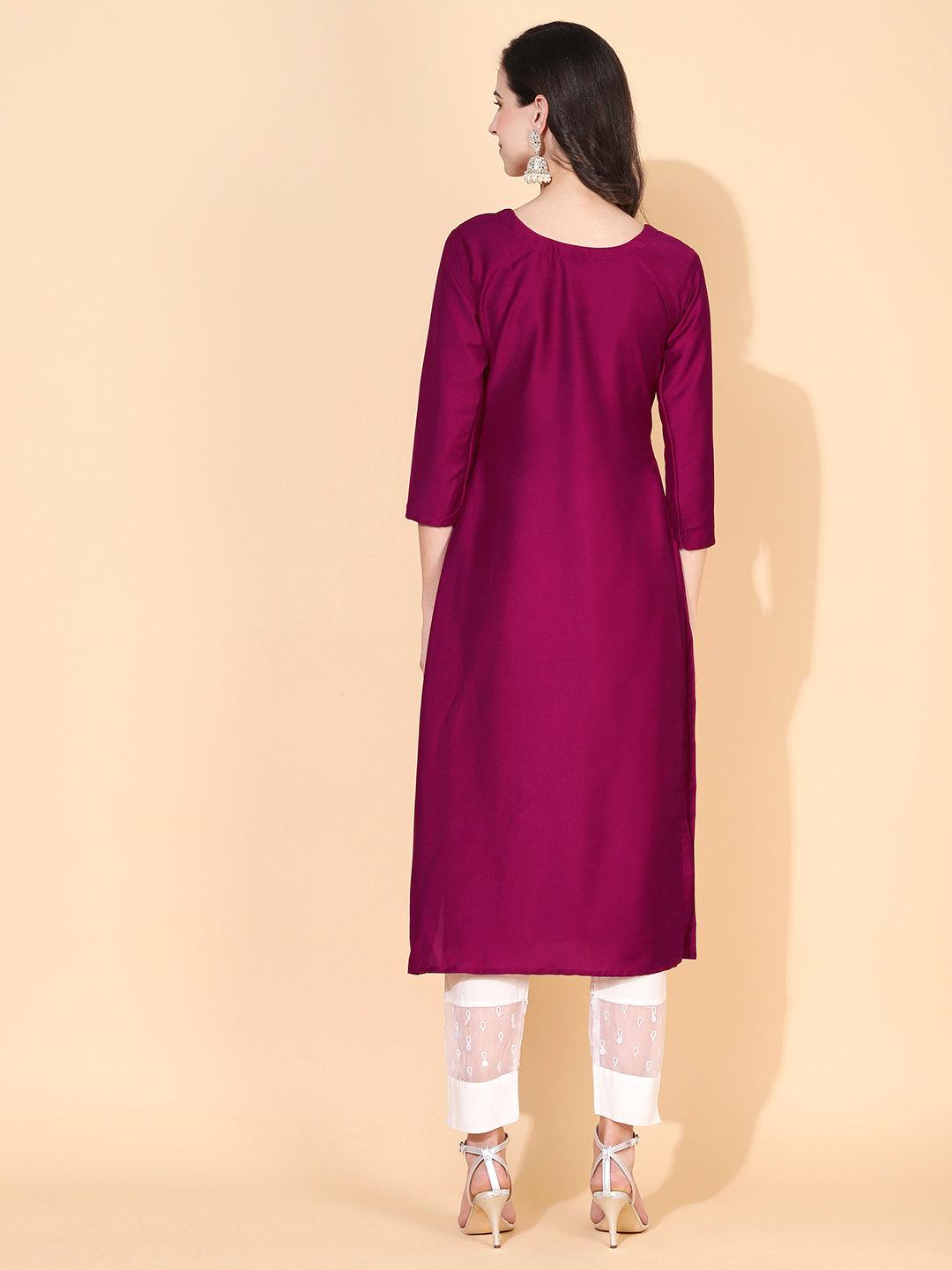 Floral Hand Embroidered Straight Fit Kurta – Magenta - Indiakreations