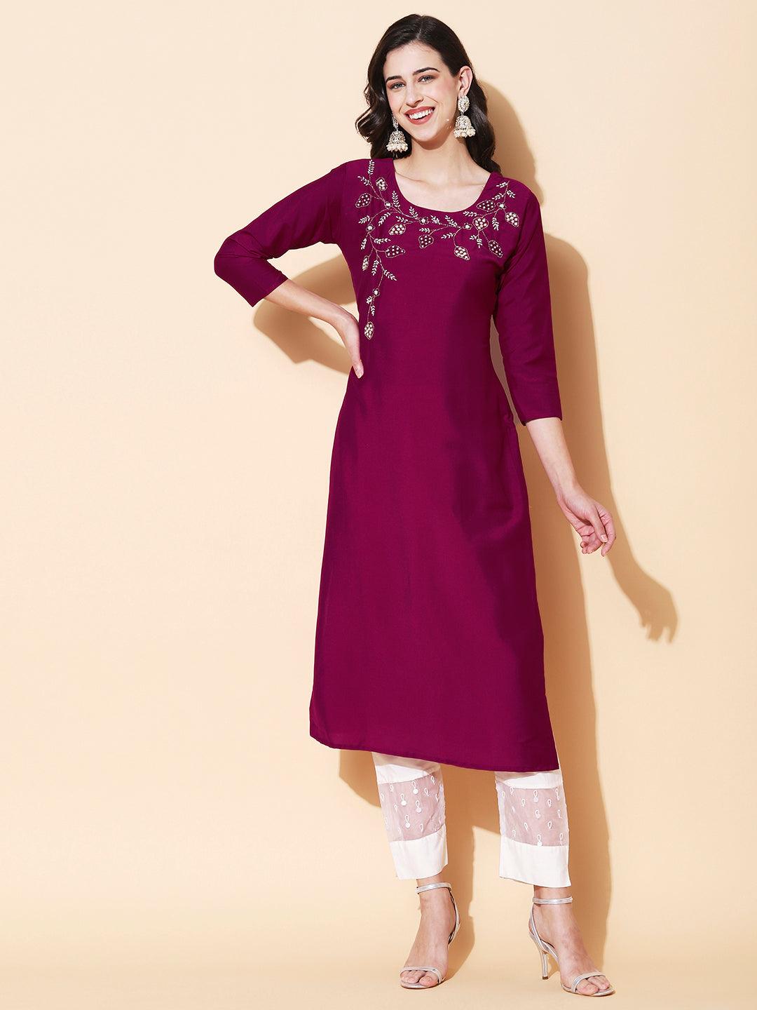 Floral Hand Embroidered Straight Fit Kurta – Magenta - Indiakreations