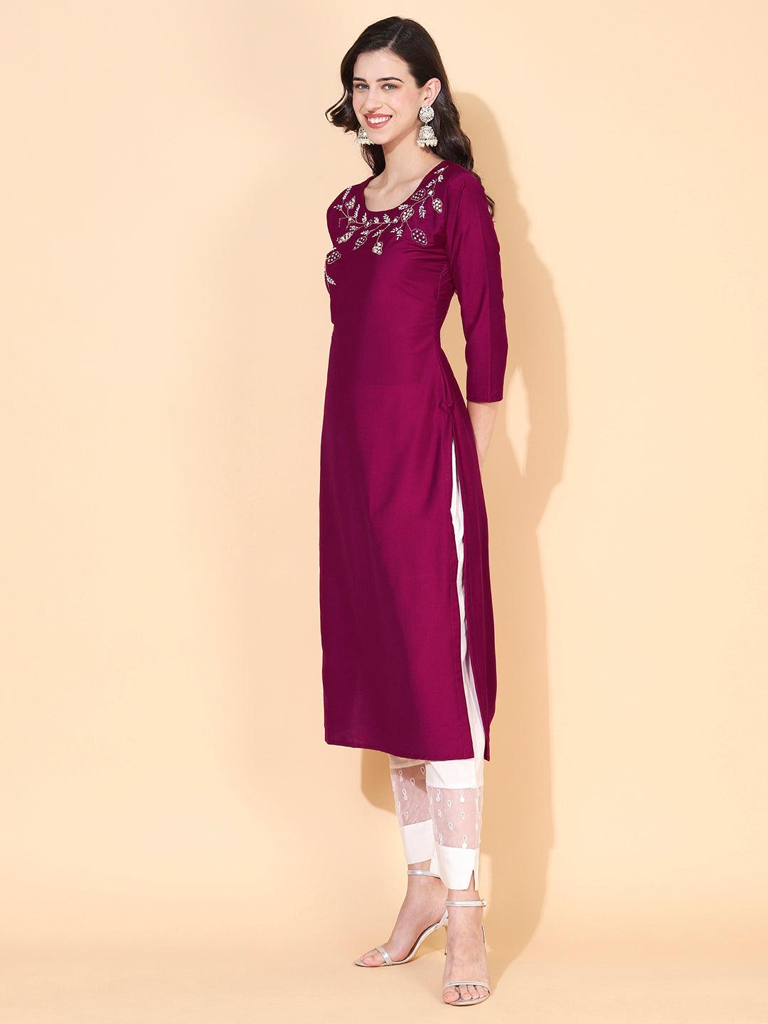 Floral Hand Embroidered Straight Fit Kurta – Magenta - Indiakreations