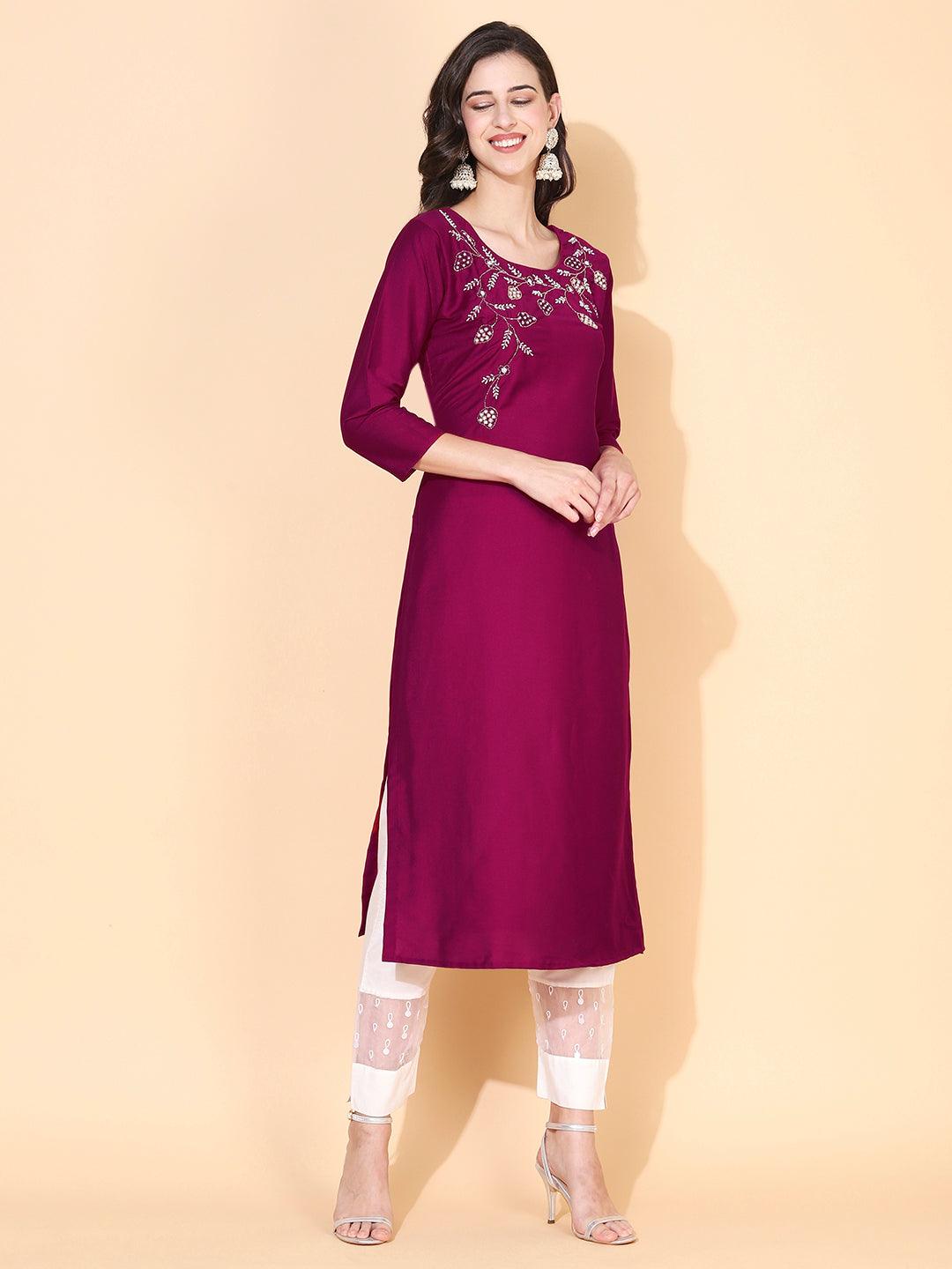 Floral Hand Embroidered Straight Fit Kurta – Magenta - Indiakreations