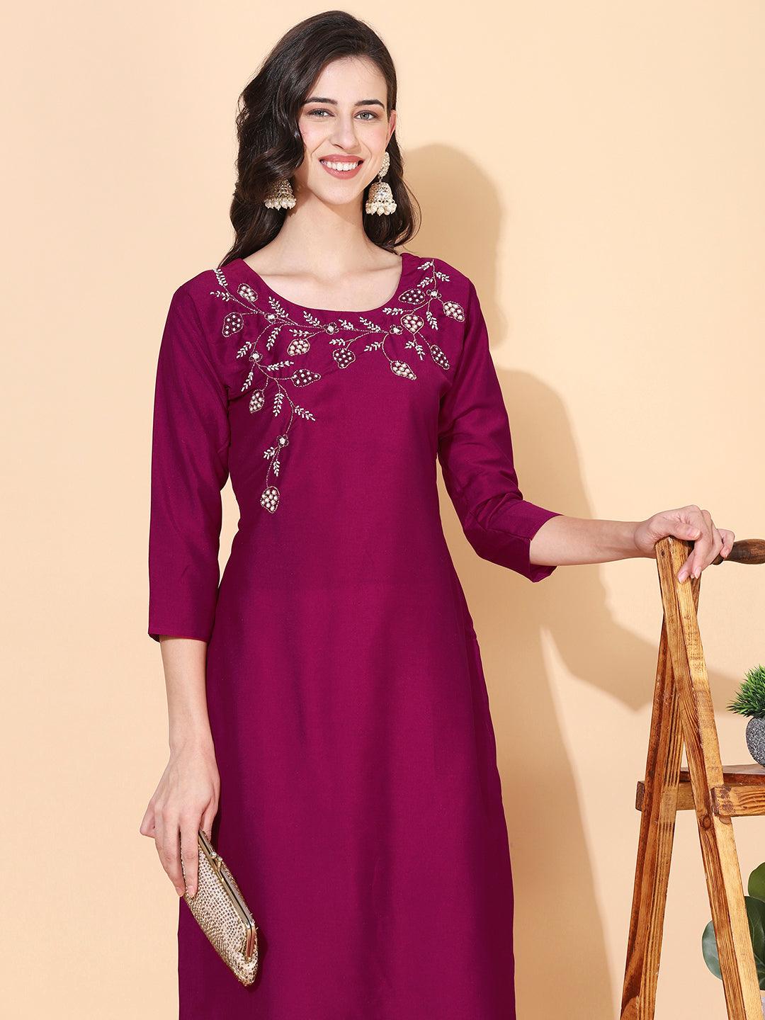 Floral Hand Embroidered Straight Fit Kurta – Magenta - Indiakreations