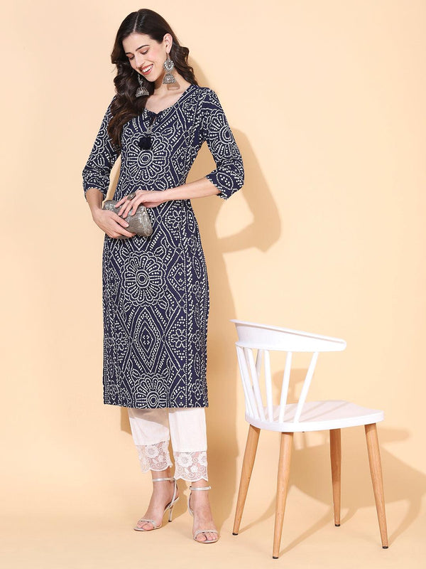 Bandhani Printed & Embroidered Straight Fit Kurta – Navy Blue - Indiakreations