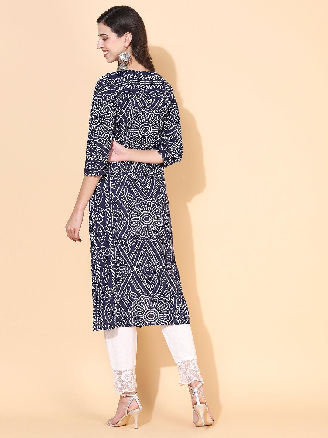 Bandhani Printed & Embroidered Straight Fit Kurta – Navy Blue - Indiakreations