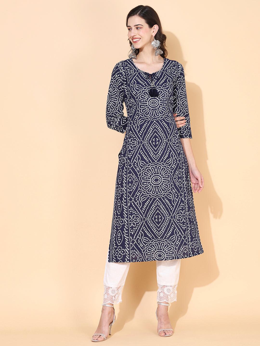 Bandhani Printed & Embroidered Straight Fit Kurta – Navy Blue - Indiakreations