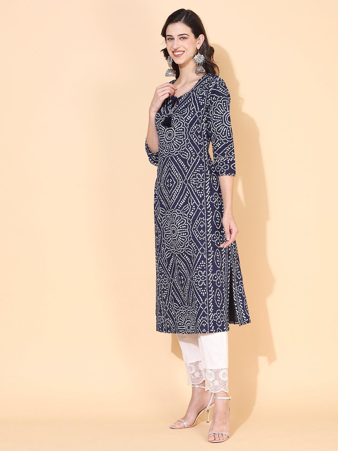 Bandhani Printed & Embroidered Straight Fit Kurta – Navy Blue - Indiakreations