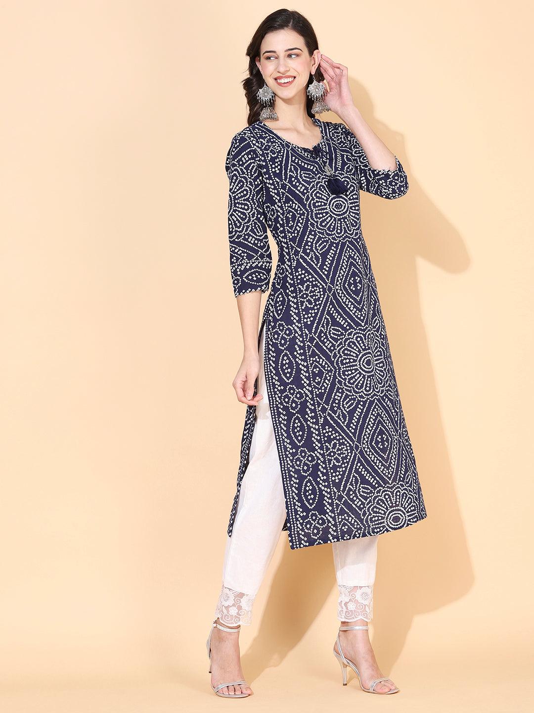 Bandhani Printed & Embroidered Straight Fit Kurta – Navy Blue - Indiakreations