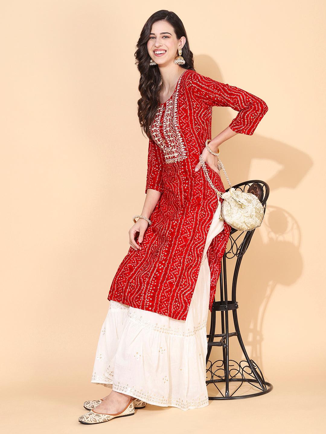 Bandhani printed Mirror Embroidered Kurta - Red - Indiakreations