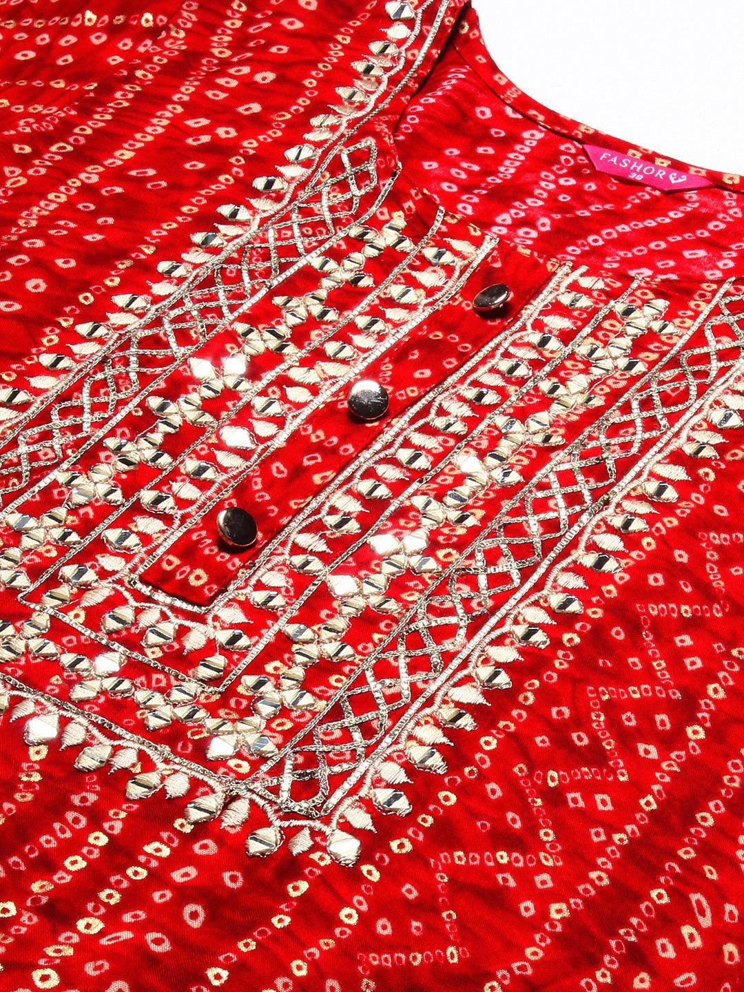 Bandhani printed Mirror Embroidered Kurta - Red - Indiakreations