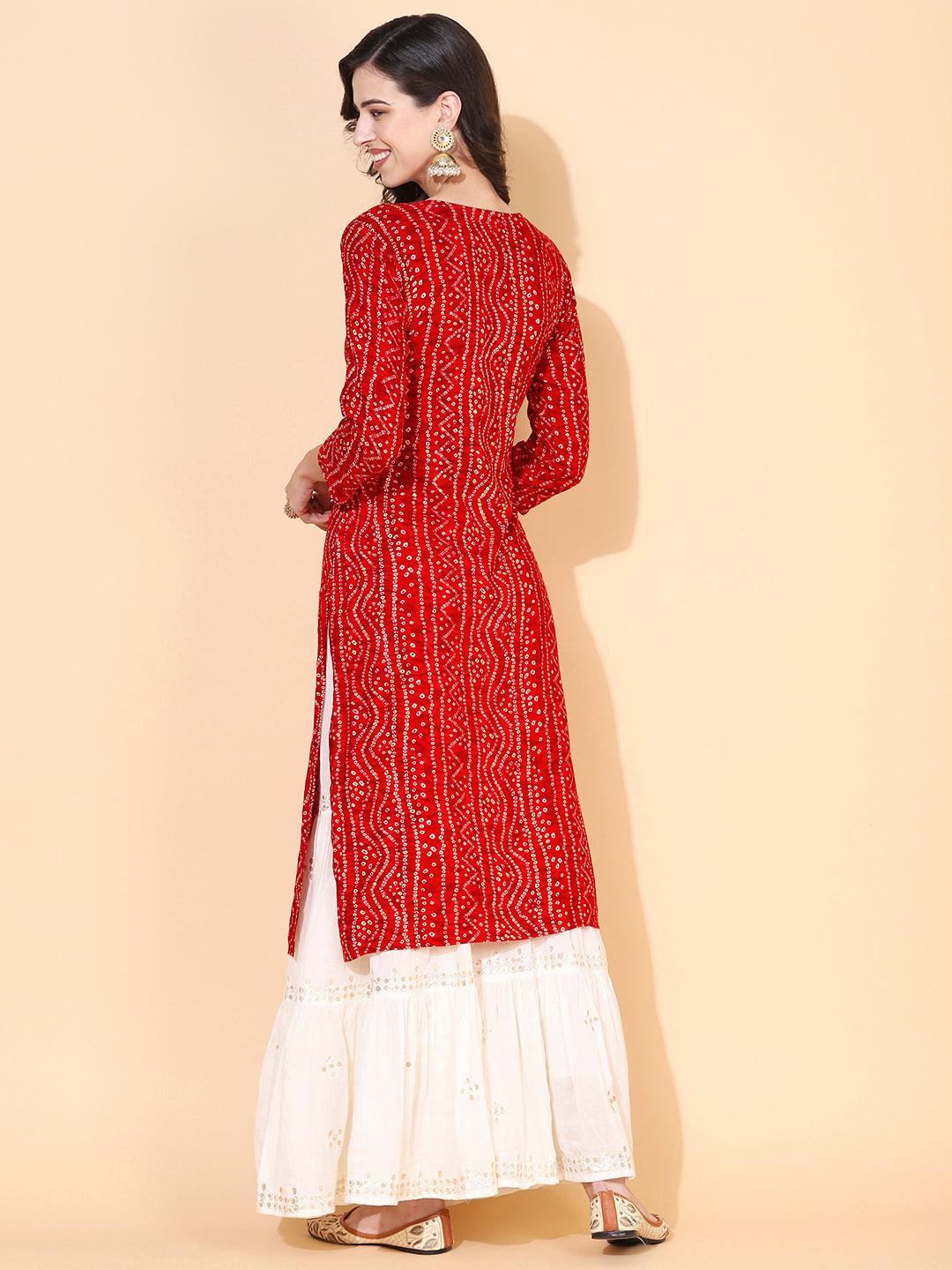 Bandhani printed Mirror Embroidered Kurta - Red - Indiakreations