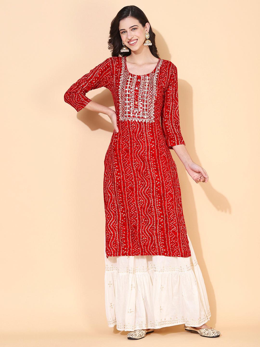 Bandhani printed Mirror Embroidered Kurta - Red - Indiakreations