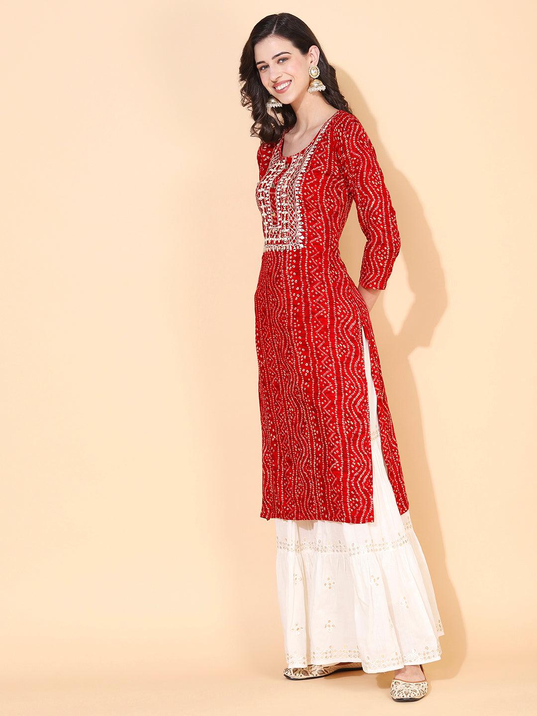 Bandhani printed Mirror Embroidered Kurta - Red - Indiakreations