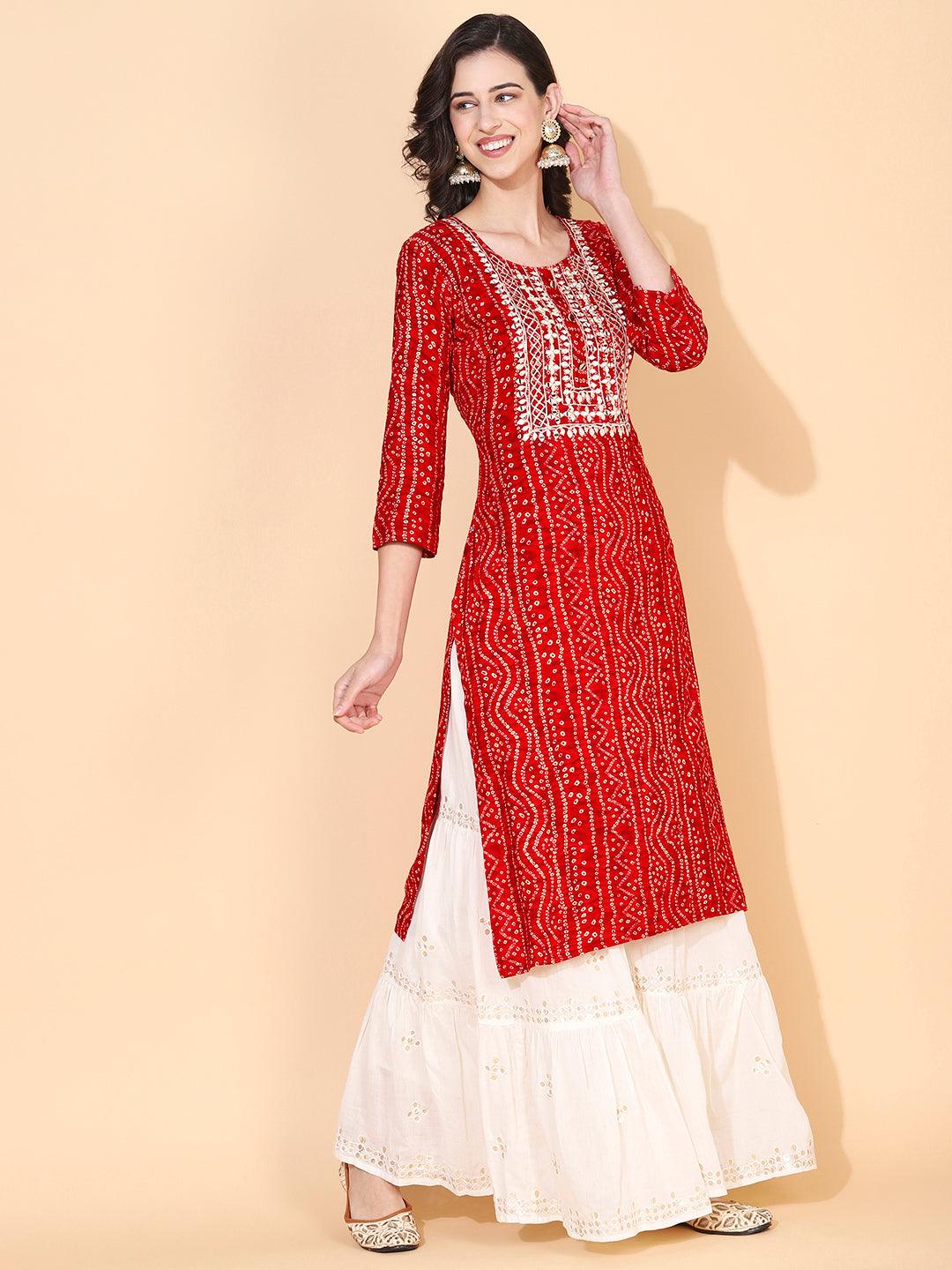 Bandhani printed Mirror Embroidered Kurta - Red - Indiakreations