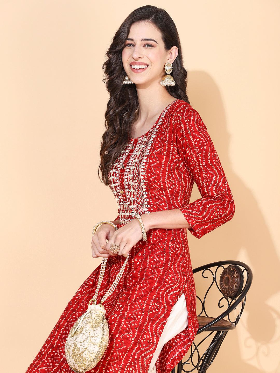 Bandhani printed Mirror Embroidered Kurta - Red - Indiakreations