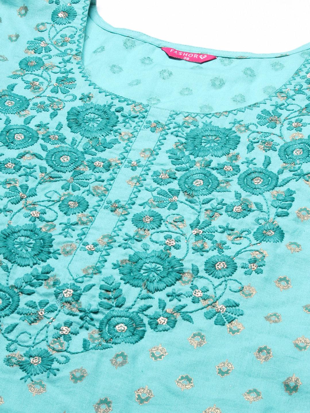 Ethnic Printed & Embroidered Straight Fit Kurta - Turquoise - Indiakreations