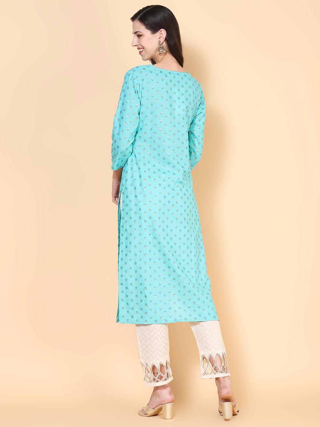 Ethnic Printed & Embroidered Straight Fit Kurta - Turquoise - Indiakreations