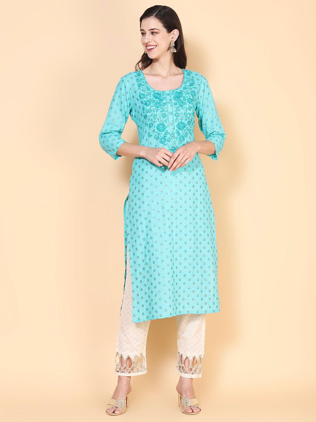 Ethnic Printed & Embroidered Straight Fit Kurta - Turquoise - Indiakreations