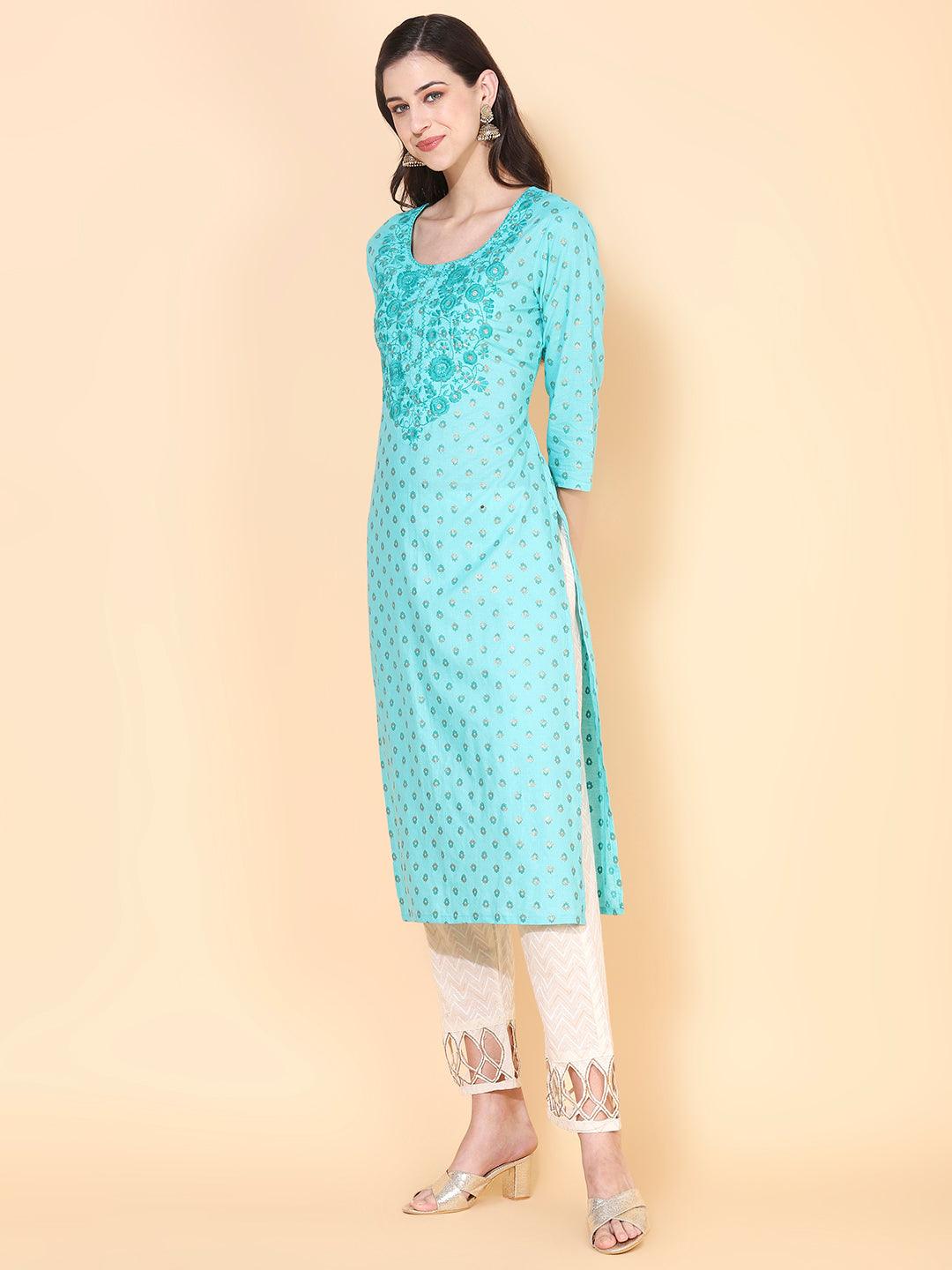 Ethnic Printed & Embroidered Straight Fit Kurta - Turquoise - Indiakreations