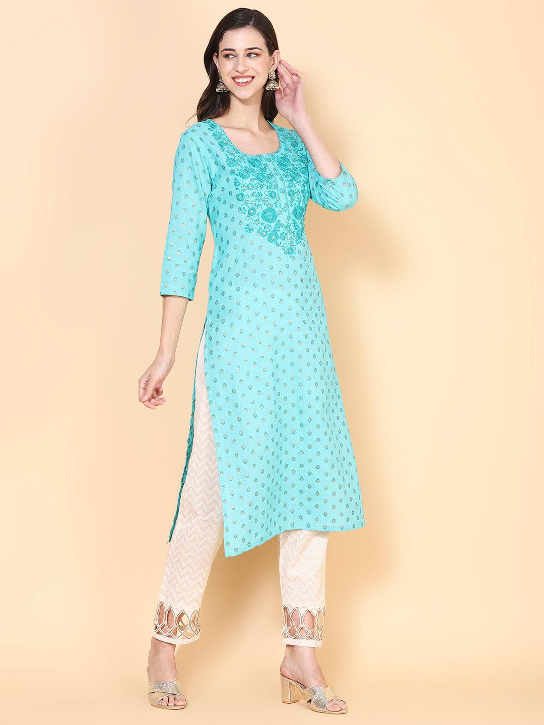 Ethnic Printed & Embroidered Straight Fit Kurta - Turquoise - Indiakreations