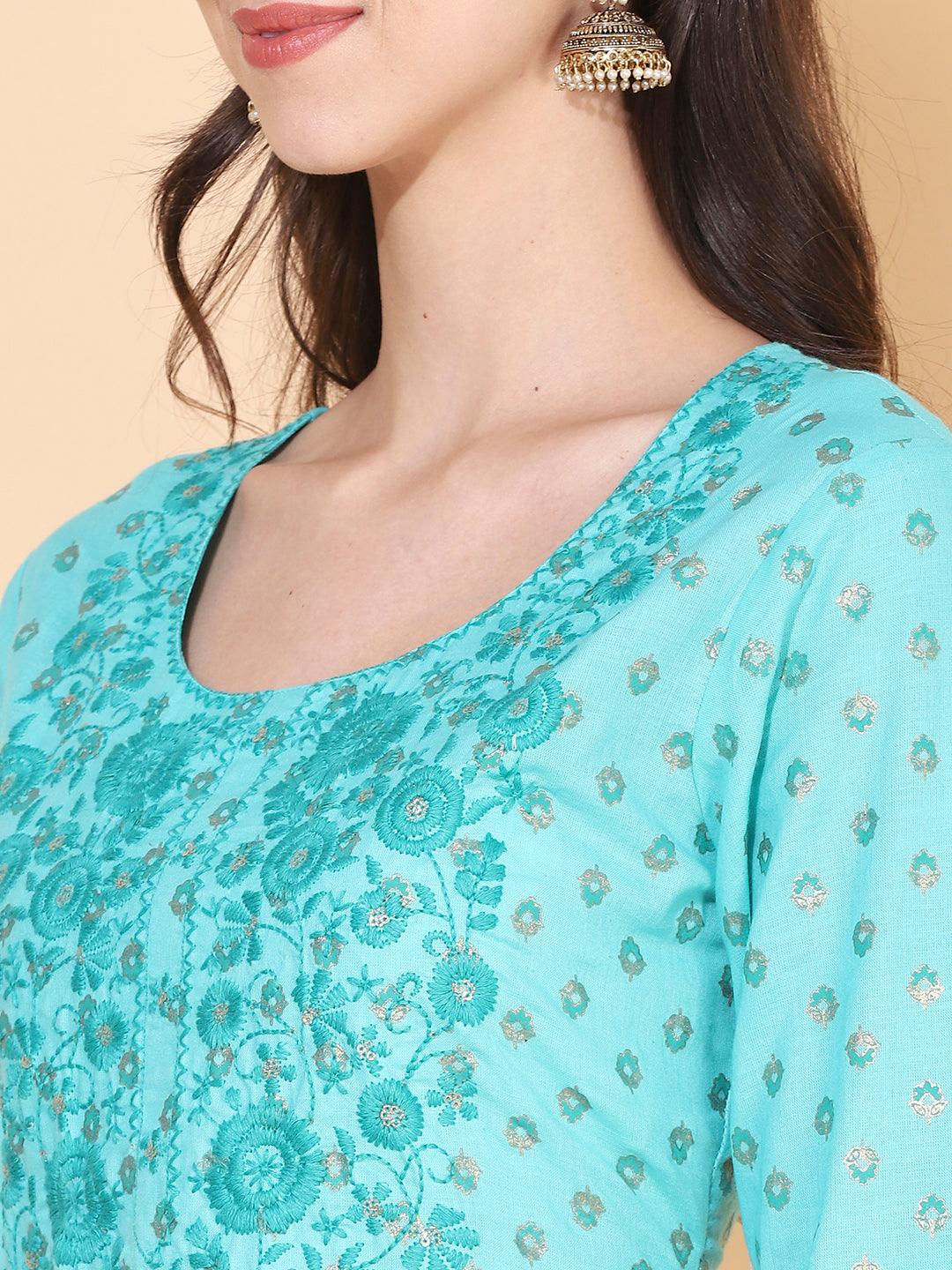 Ethnic Printed & Embroidered Straight Fit Kurta - Turquoise - Indiakreations