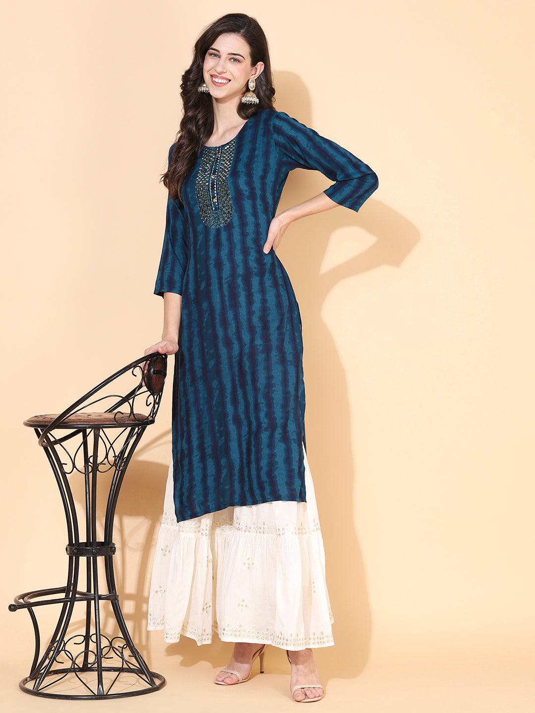 Stripes Printed & Mirror Embroidered Straight Fit Kurta - Teal - Indiakreations