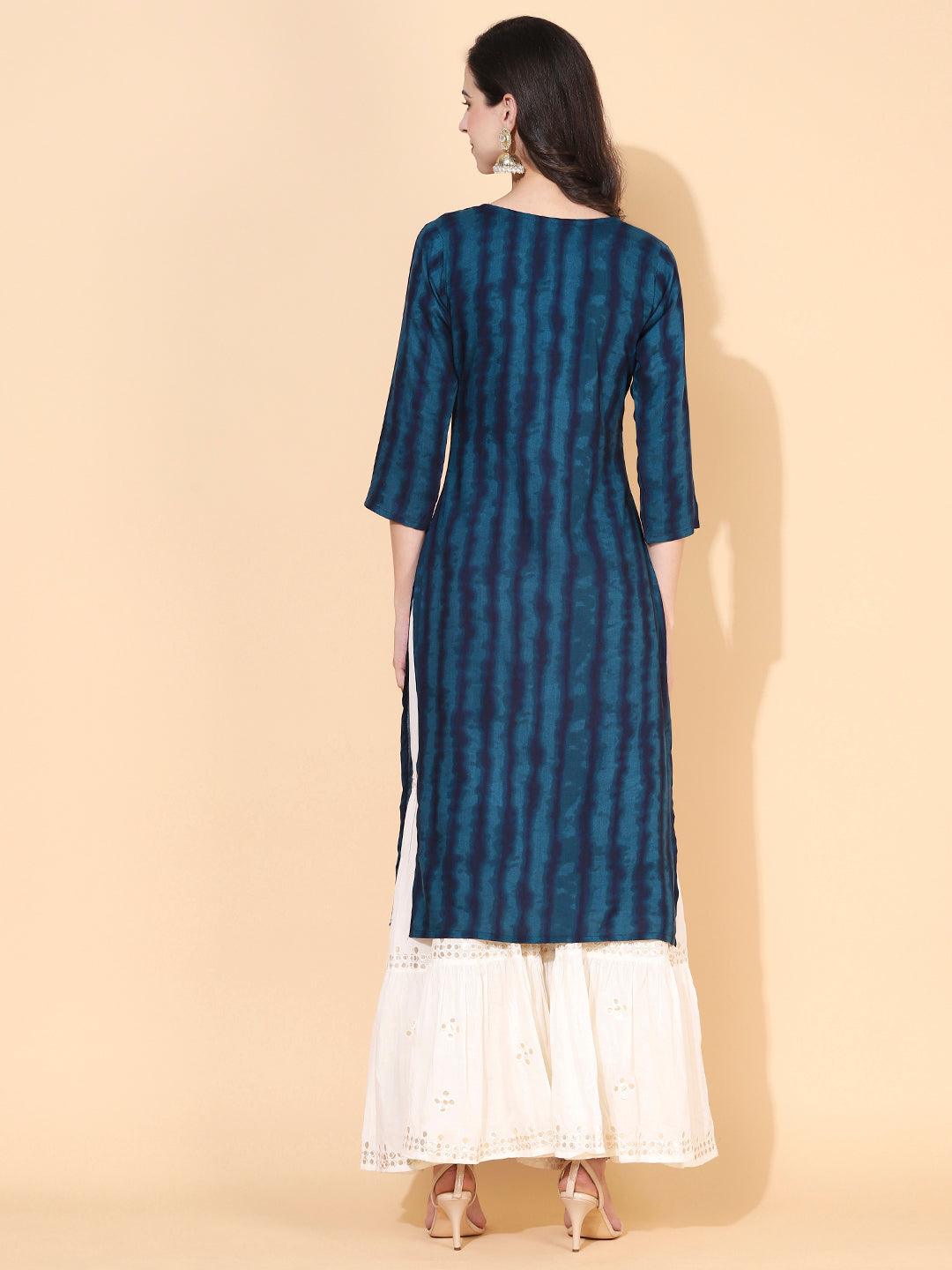 Stripes Printed & Mirror Embroidered Straight Fit Kurta - Teal - Indiakreations