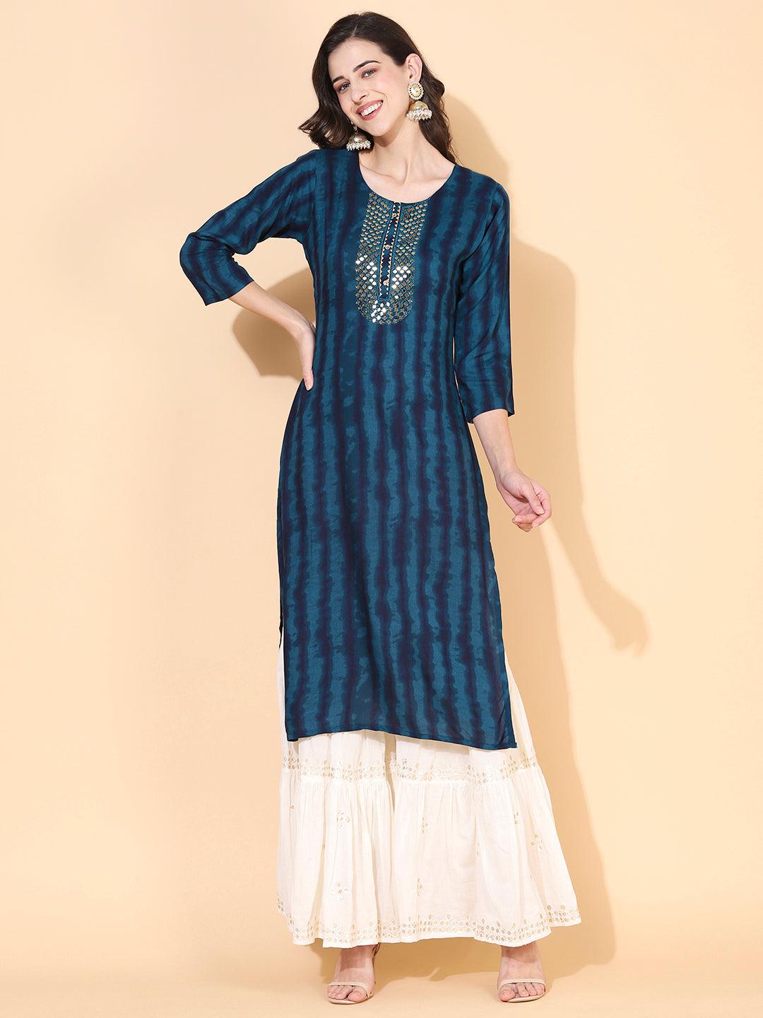 Stripes Printed & Mirror Embroidered Straight Fit Kurta - Teal - Indiakreations