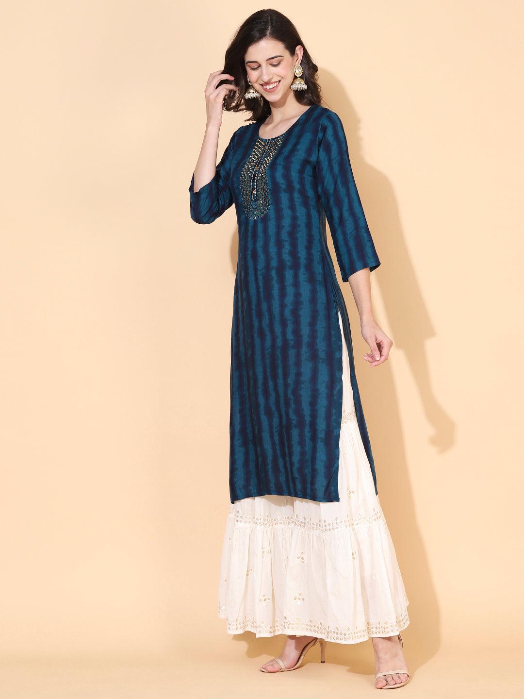 Stripes Printed & Mirror Embroidered Straight Fit Kurta - Teal - Indiakreations