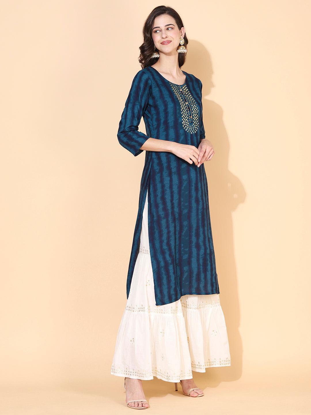 Stripes Printed & Mirror Embroidered Straight Fit Kurta - Teal - Indiakreations