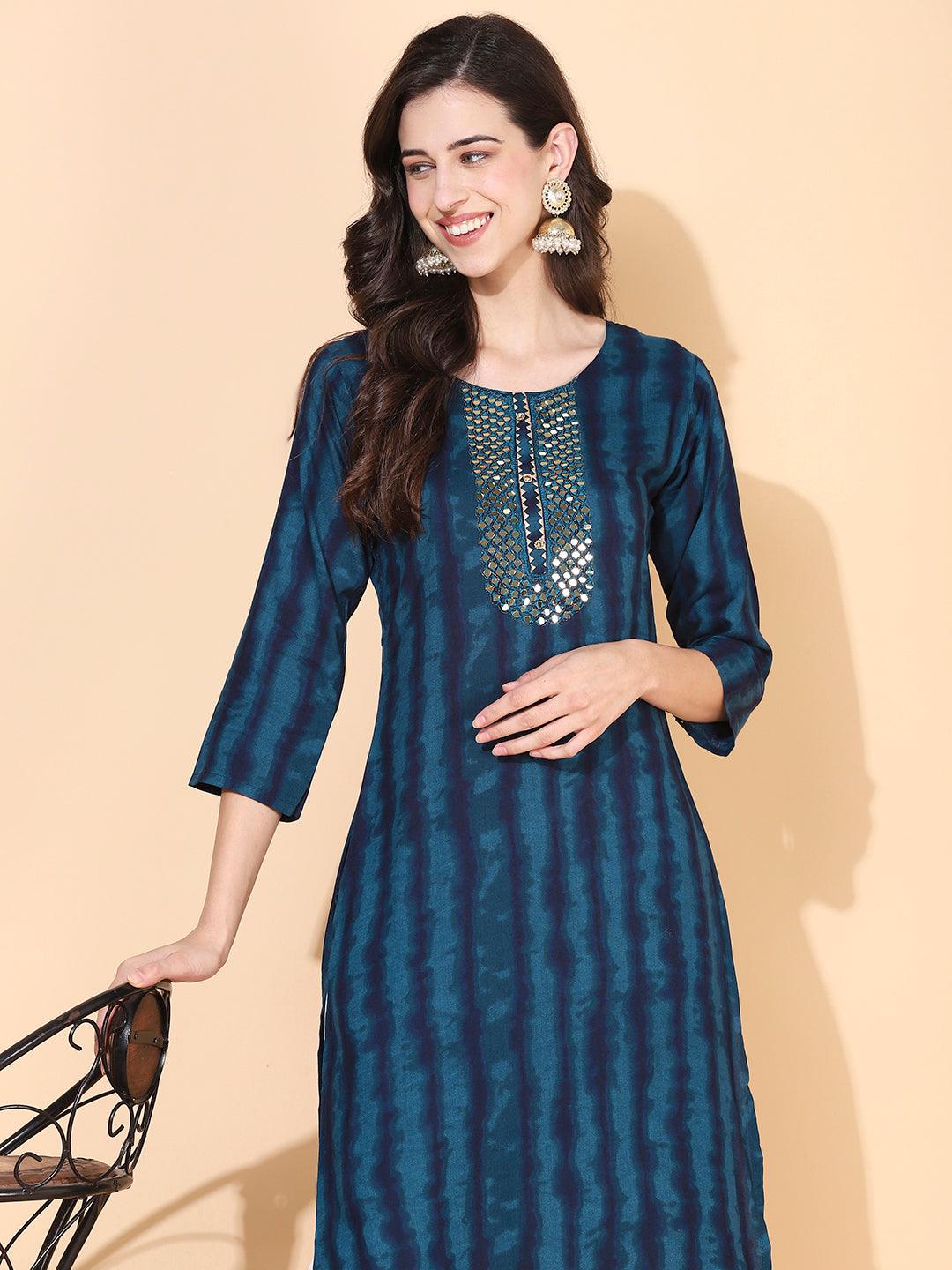 Stripes Printed & Mirror Embroidered Straight Fit Kurta - Teal - Indiakreations