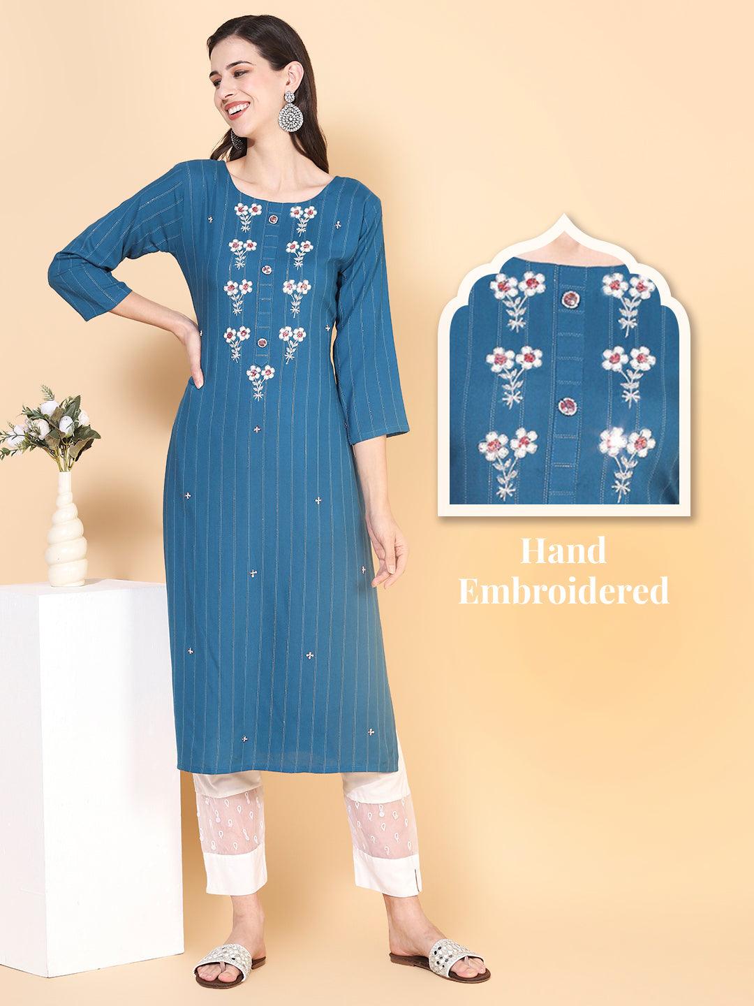 Woven Stripes & Hand Embroidered Straight Fit Kurta – Teal Blue - Indiakreations