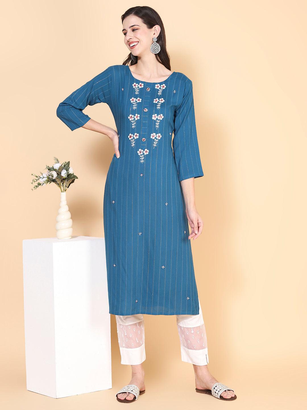 Woven Stripes & Hand Embroidered Straight Fit Kurta – Teal Blue - Indiakreations