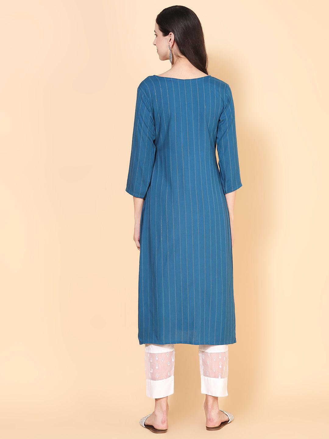 Woven Stripes & Hand Embroidered Straight Fit Kurta – Teal Blue - Indiakreations