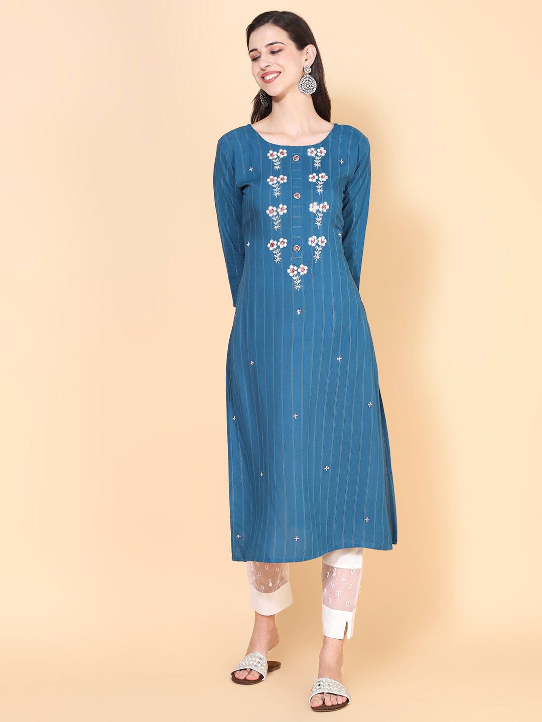 Woven Stripes & Hand Embroidered Straight Fit Kurta – Teal Blue - Indiakreations