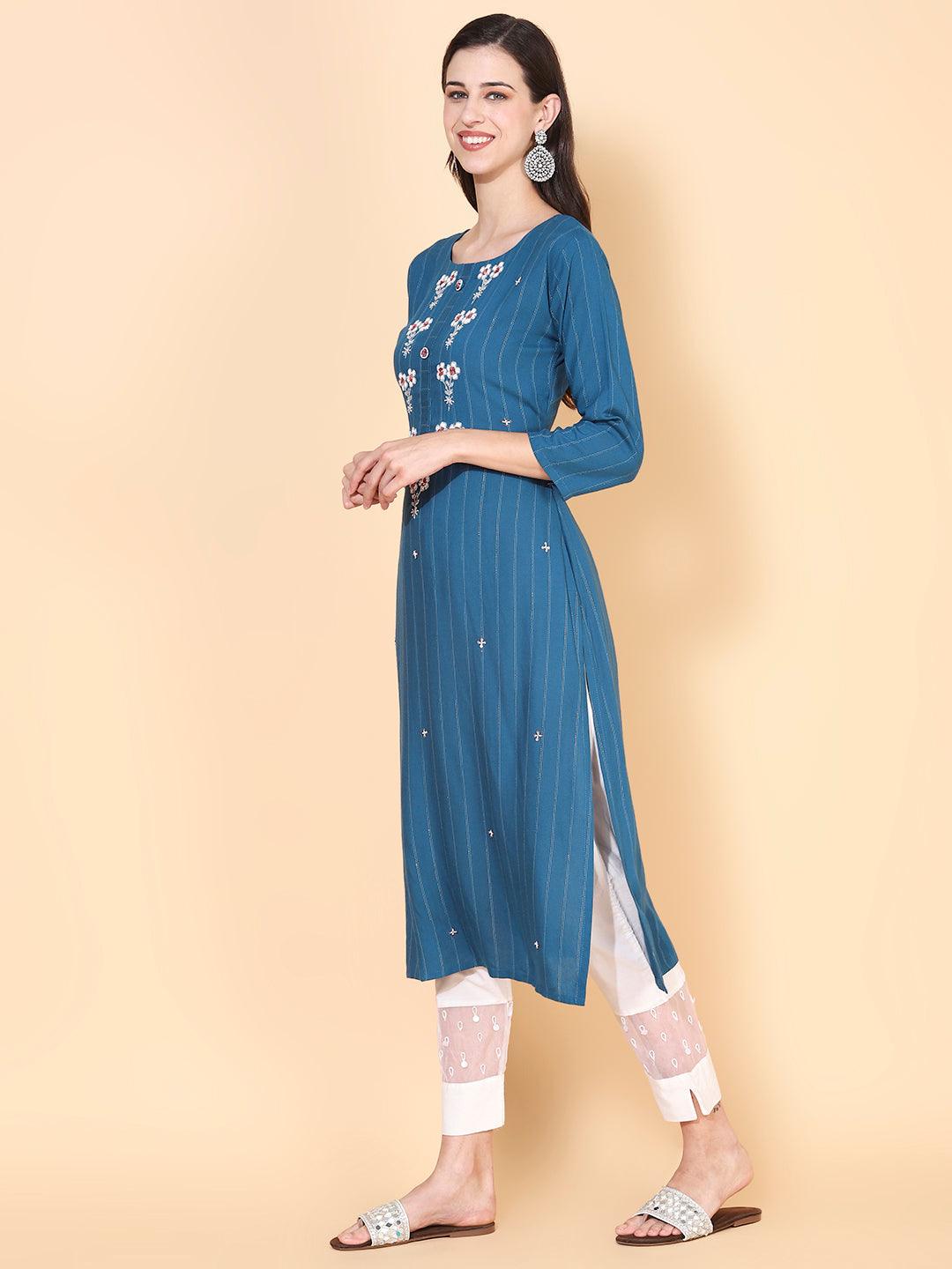 Woven Stripes & Hand Embroidered Straight Fit Kurta – Teal Blue - Indiakreations