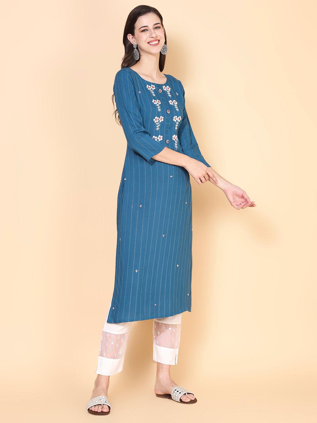 Woven Stripes & Hand Embroidered Straight Fit Kurta – Teal Blue - Indiakreations