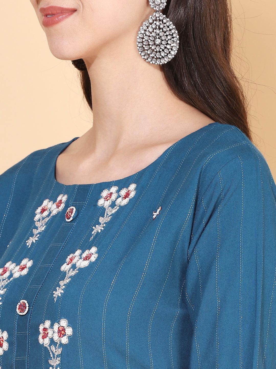 Woven Stripes & Hand Embroidered Straight Fit Kurta – Teal Blue - Indiakreations